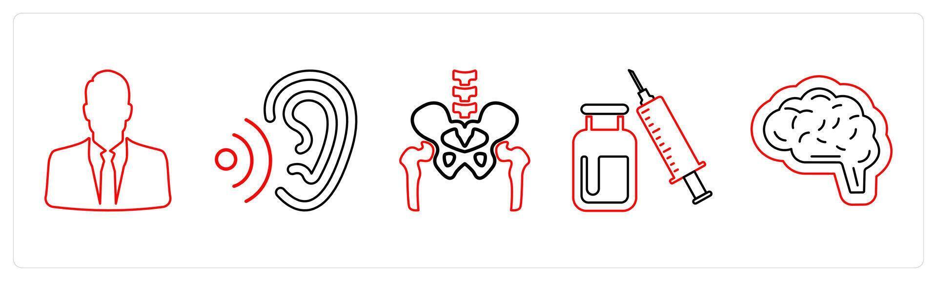 A set of 5 medical icons as man, otology, pelvic bone in red line color vector