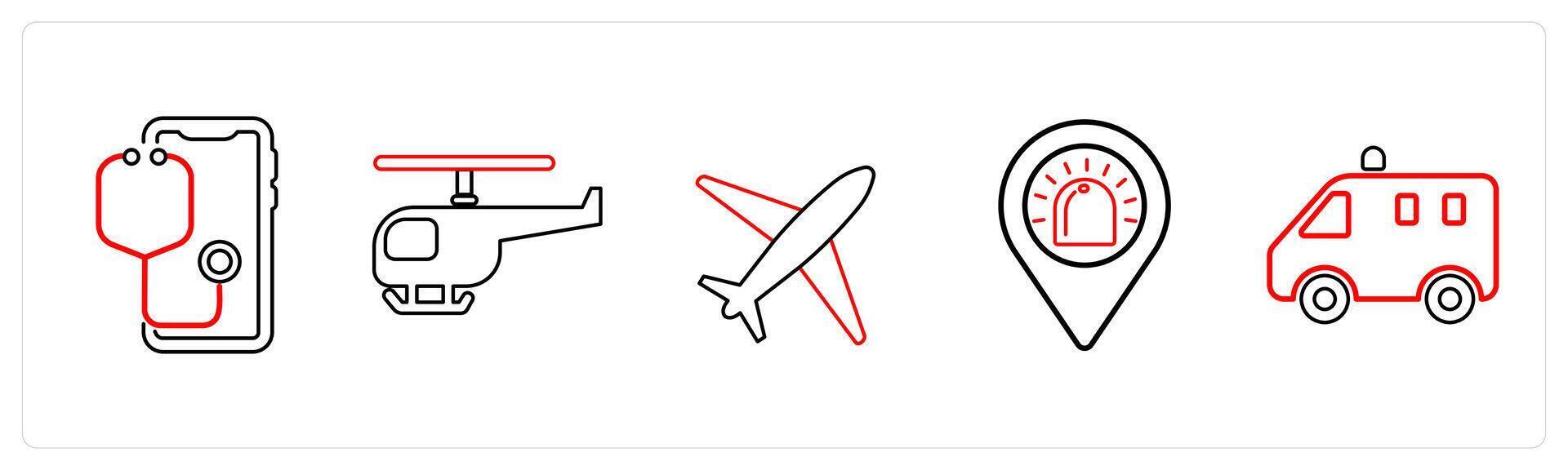A set of 5 medical icons as mobile health care, air medical services, ambulance location in red line color vector