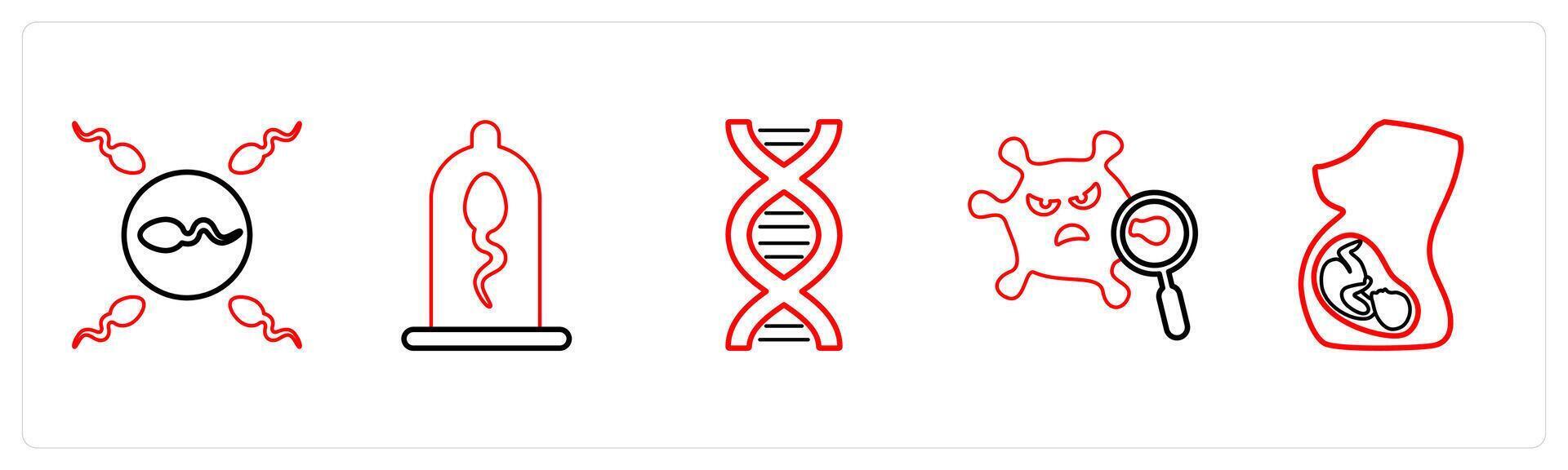 A set of 5 medical icons as sperm and egg, protection, dna in red line color vector