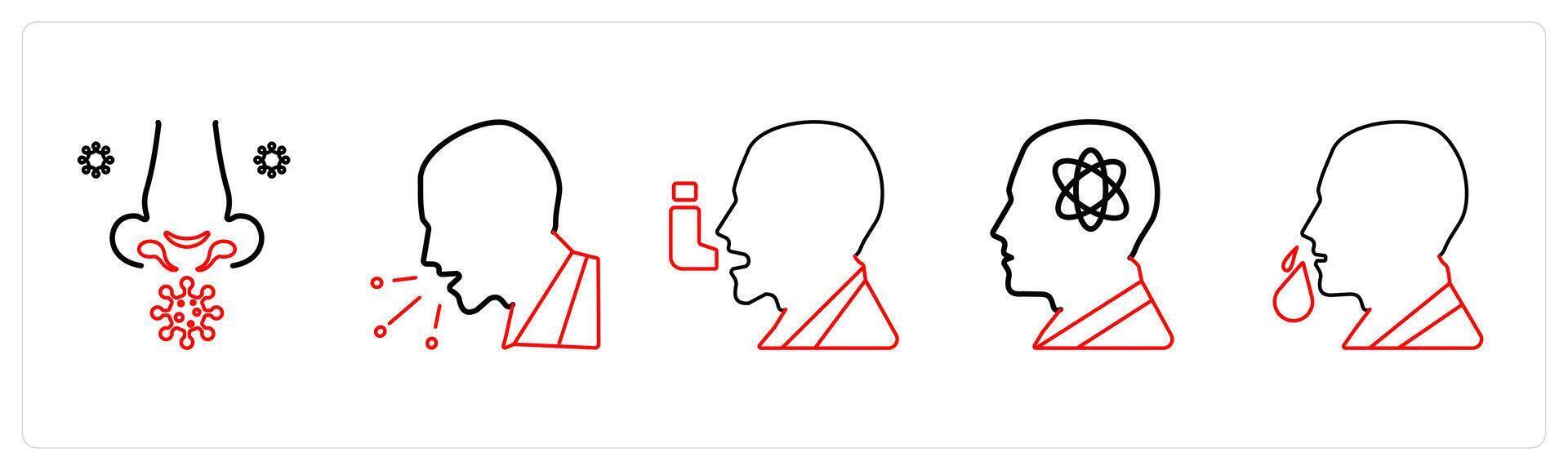 A set of 5 medical icons as allergy, cough, asthma in red line color vector