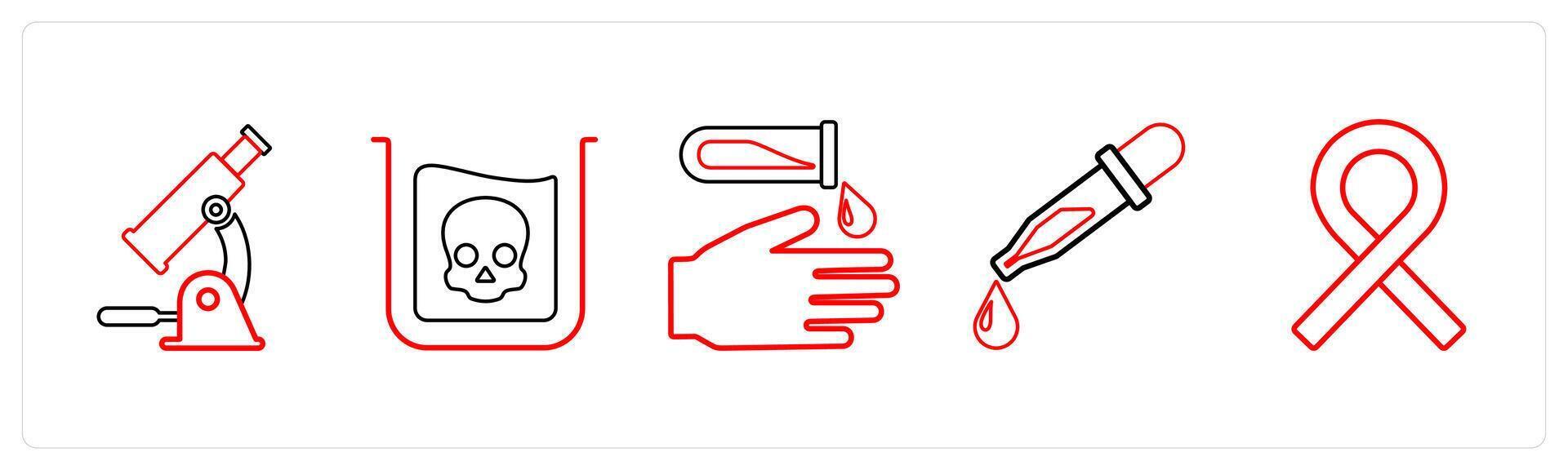A set of 5 medical icons as microscope, danger, alert in red line color vector