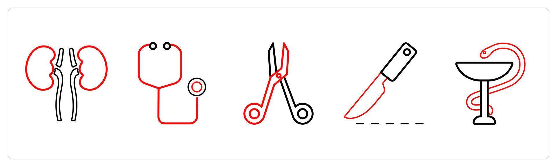 A set of 5 medical icons as pulmonology, stethoscope, bandage scissors in red line color vector