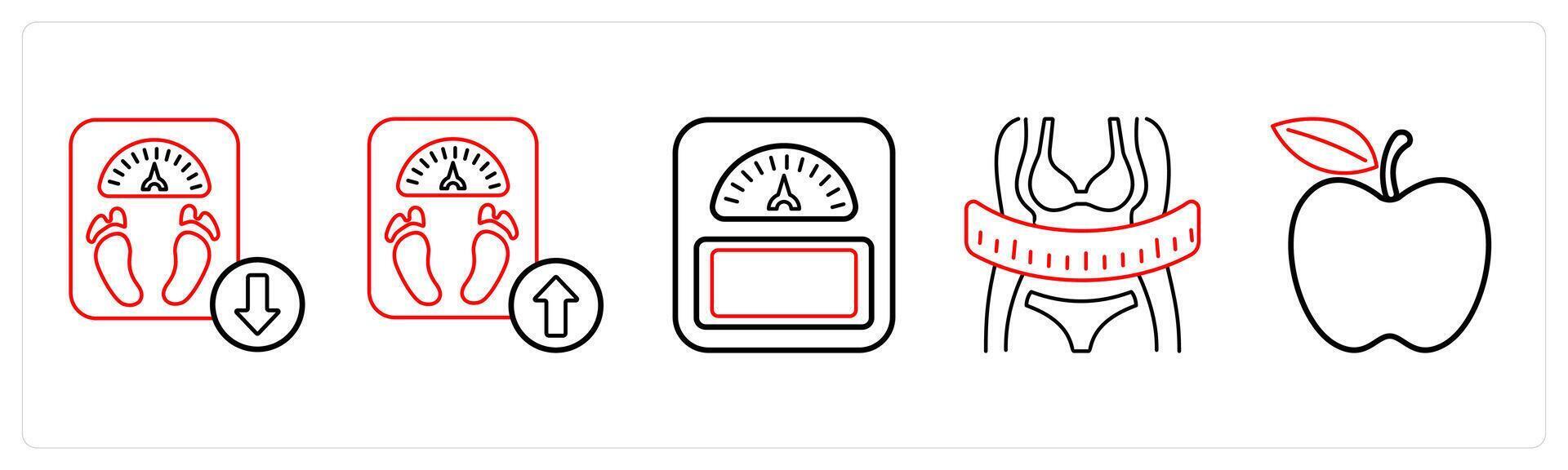 A set of 5 medical icons as weight loss, weight increase, weight management in red line color vector