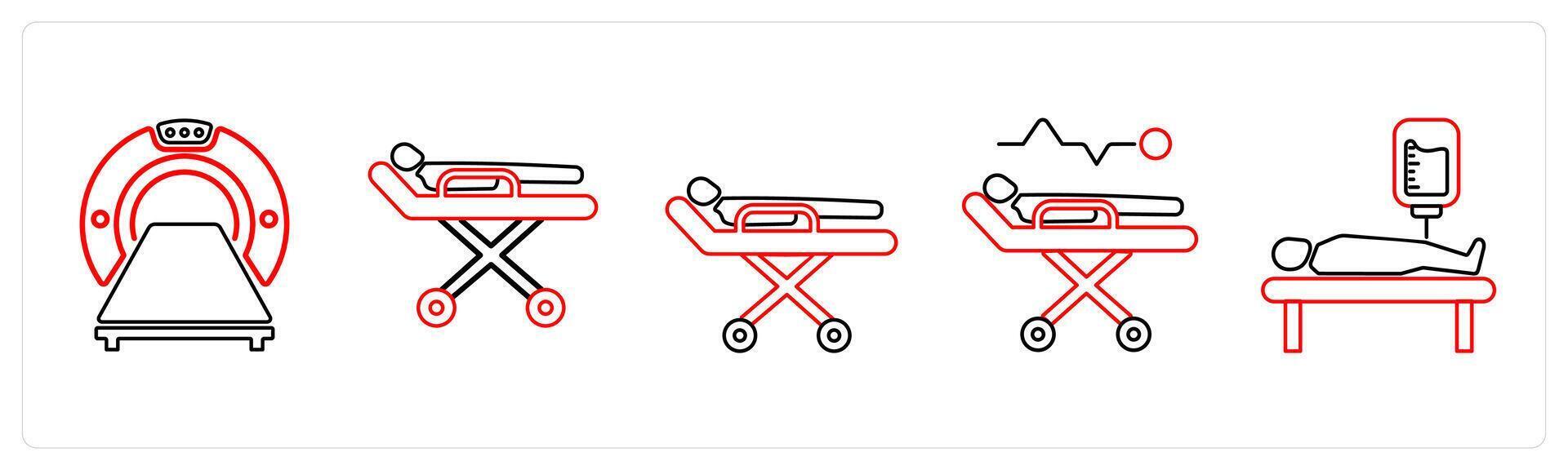 A set of 5 medical icons as computer tomography, stretcher, medical treatment in red line color vector