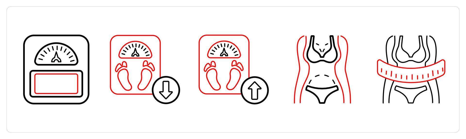 A set of 5 medical icons as weight management, weight loss, weight increase in red line color vector