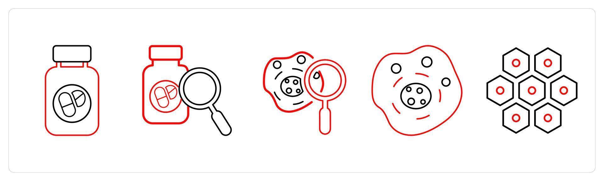 A set of 5 medical icons as medication, search for drug, biochemistry in red line color vector