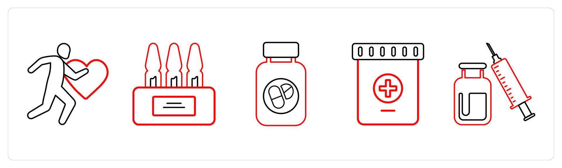 A set of 5 medical icons as exercise, ampoule, medication color vector