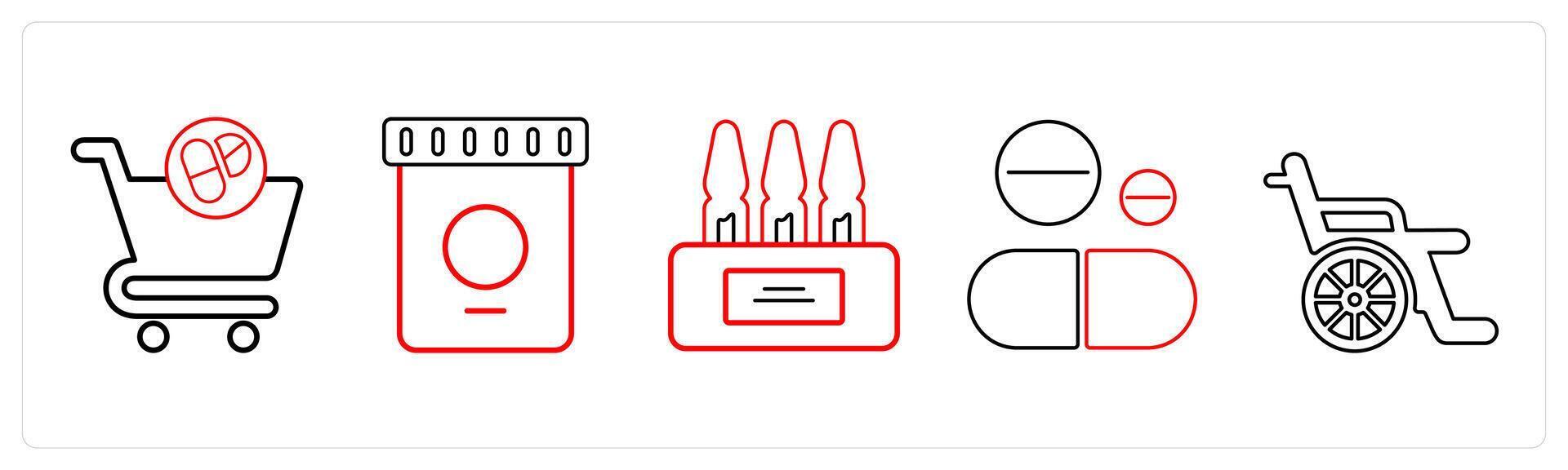 A set of 5 medical icons as pharmacy online, pharmaceutical drugs, ampoule in red line color vector