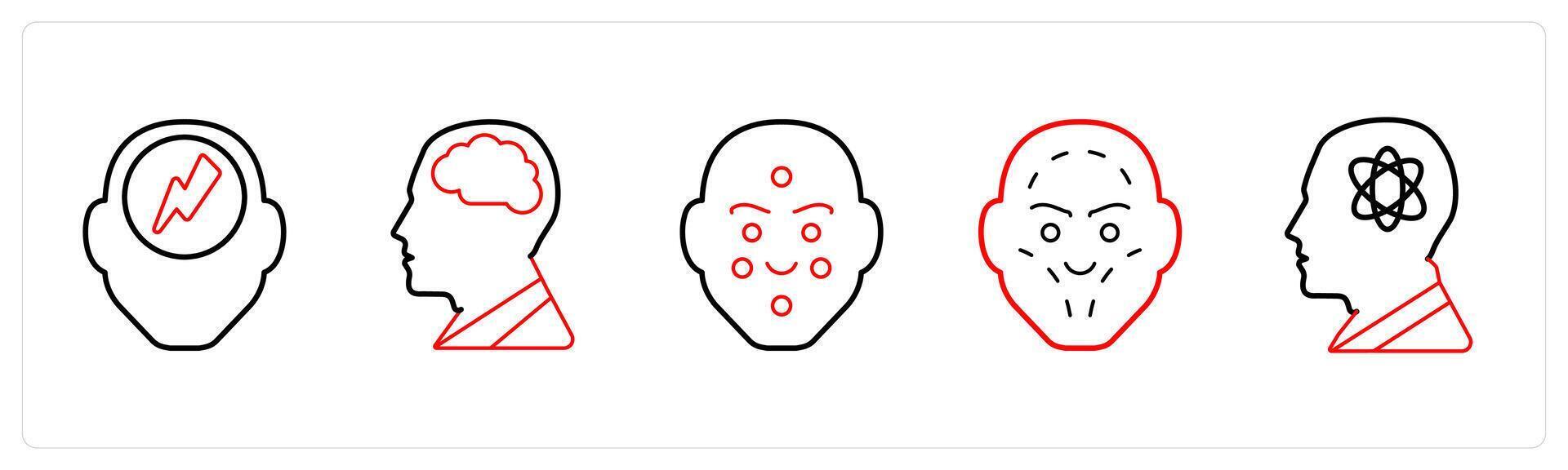 A set of 5 medical icons as headache, neurology, dermatology in red line color vector