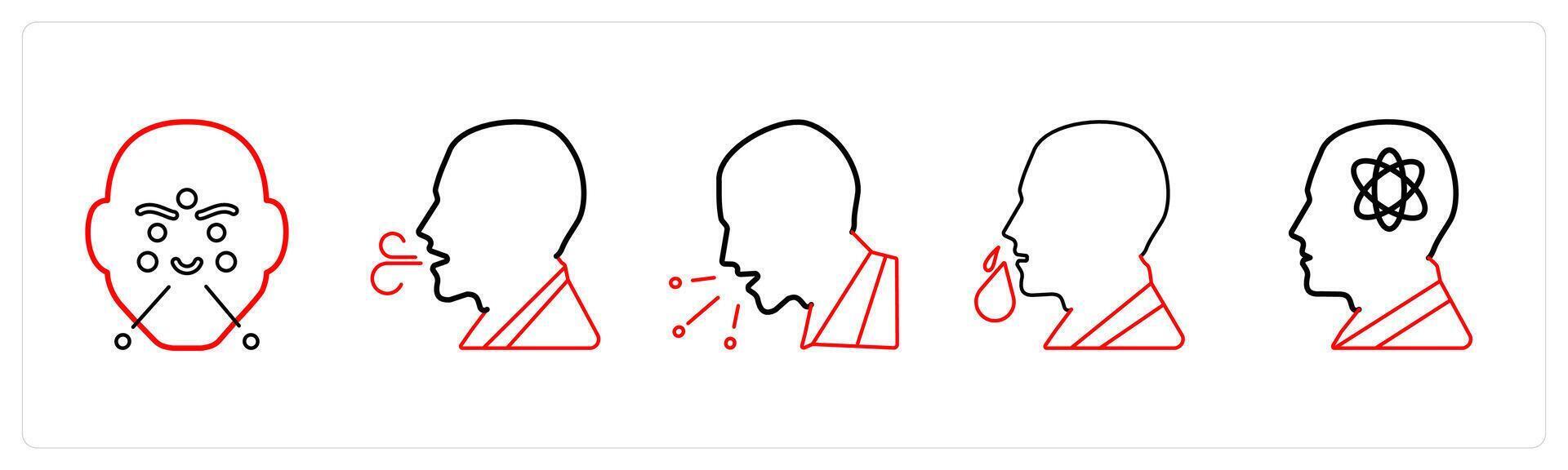 A set of 5 medical icons as immunology and allergy, extreme fatigue, cough in red line color vector