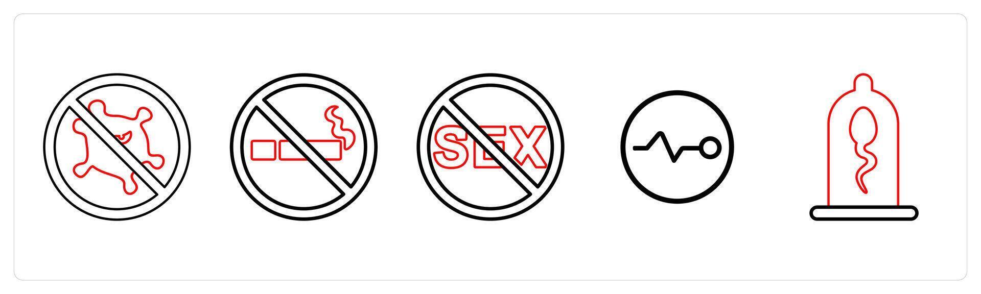 A set of 5 medical icons as safety, tobacco cessation counselling, sexual disorder in red line color vector