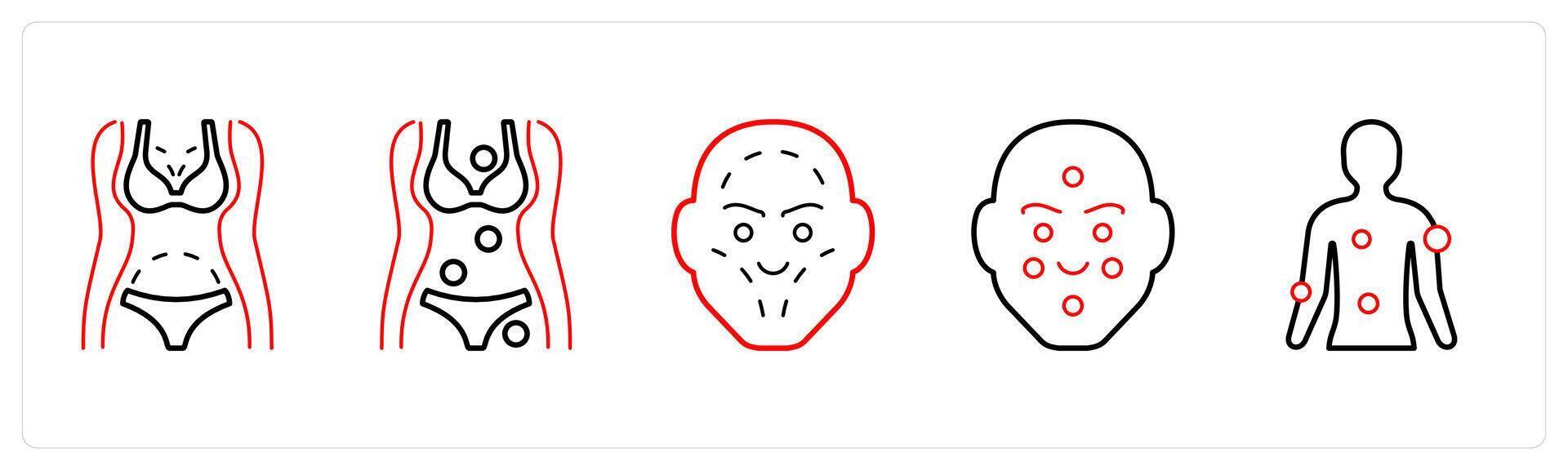 A set of 5 medical icons as awareness ribbon, caduceus, first aid in red line color vector