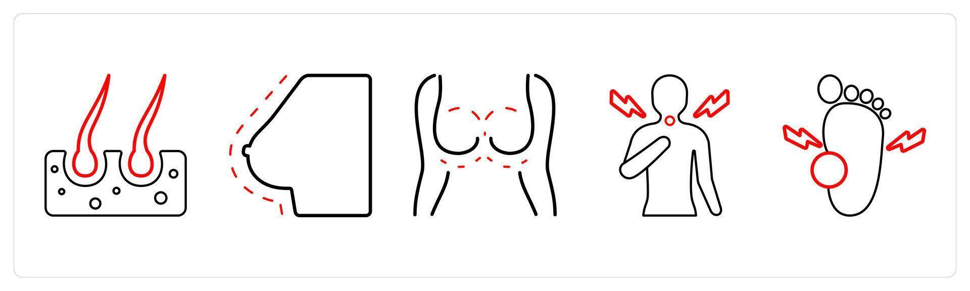 A set of 5 medical icons as dermatology, breast reduction, breast augmentation in red line color vector