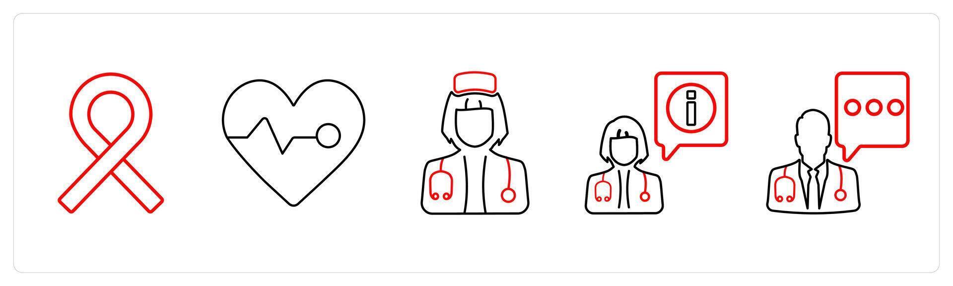 A set of 5 medical icons as awareness ribbon, electrocardiography, nurse in red line color vector