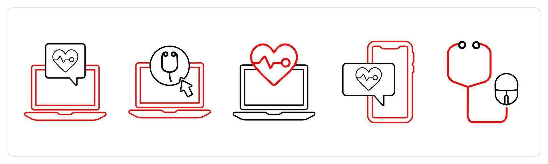 A set of 5 medical icons as search infection, danger, poison in red line color vector