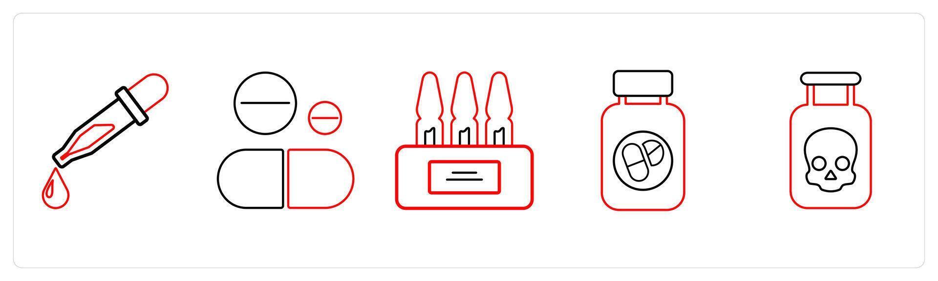 A set of 5 medical icons as chemical dropper, pills, ampoule in red line color vector