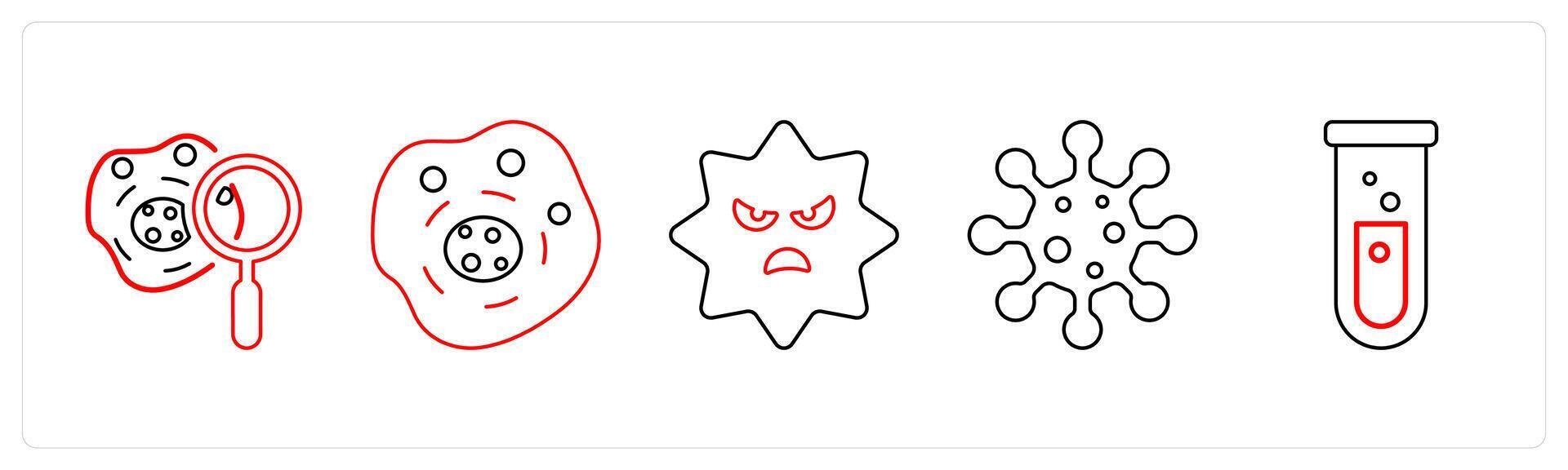 A set of 5 medical icons as biochemistry, human cell, virus in red line color vector