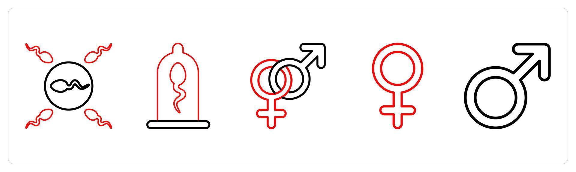A set of 5 medical icons as sperm and egg, protection, gender symbols in red line color vector