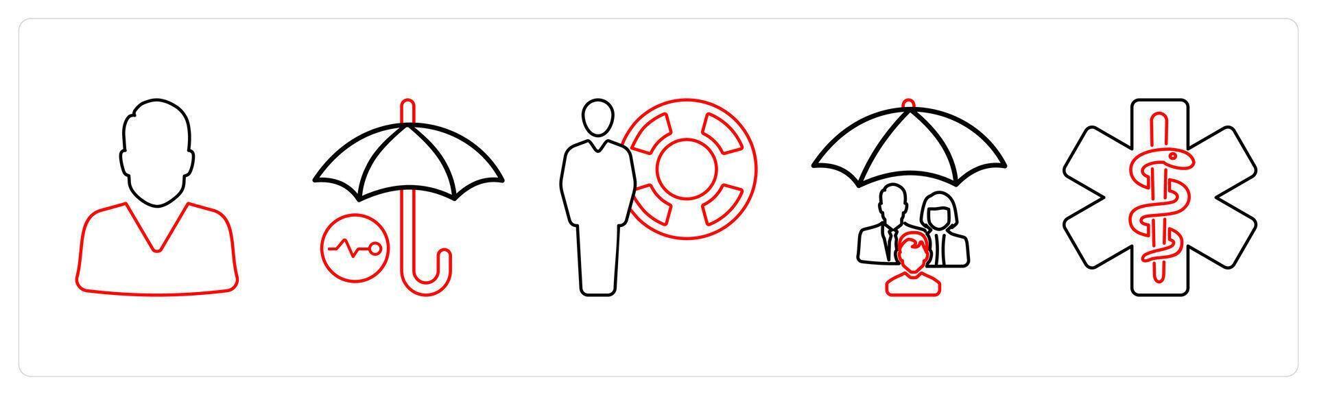 A set of 5 medical icons as boy patient, health insurance, life insurance in red line color vector