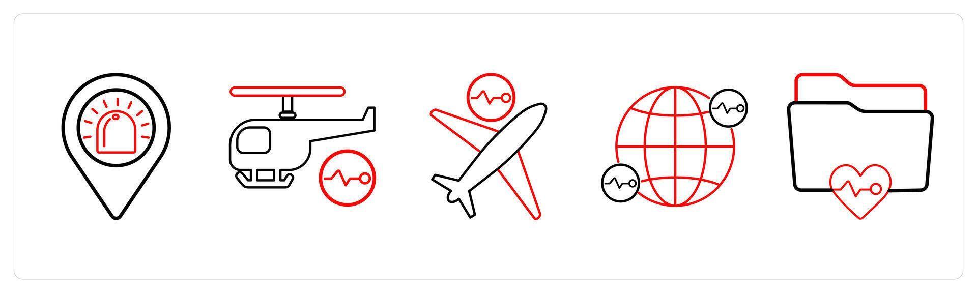 A set of 5 medical icons as ambulance location, air ambulance, air medical services in red line color vector
