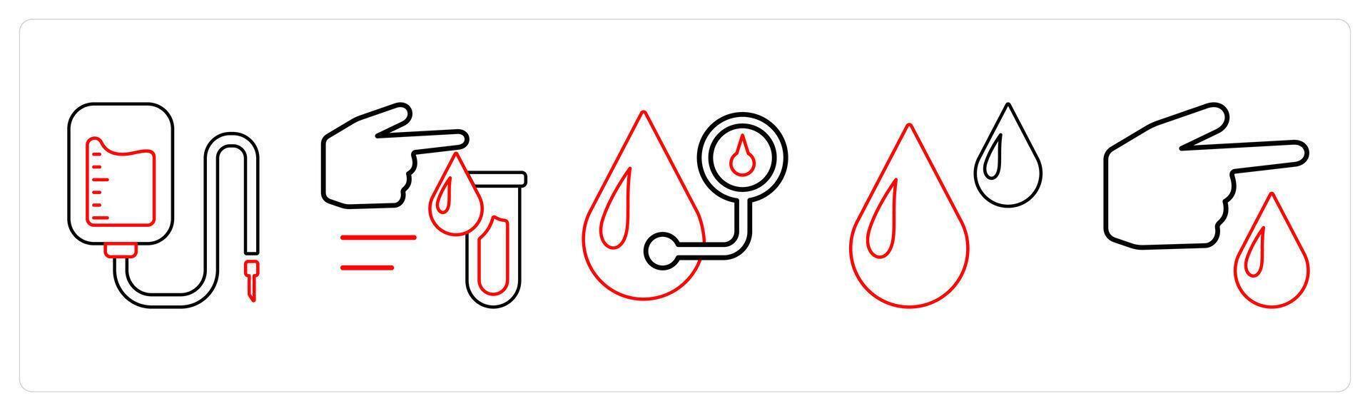 A set of 5 medical icons as blood transfusion, blood test, blood pressure in red line color vector
