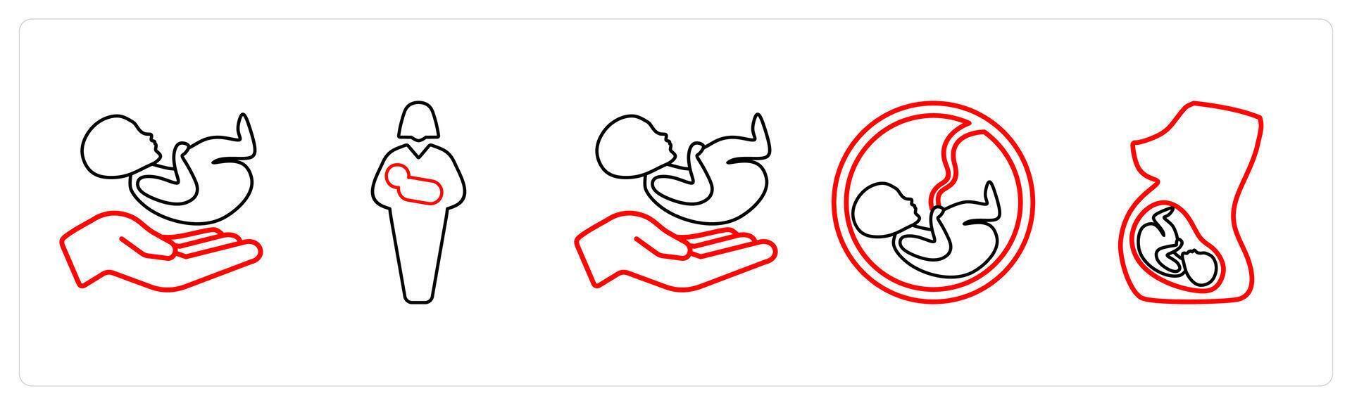 A set of 5 medical icons as postanatal care, postanatal, fetus in red line color vector