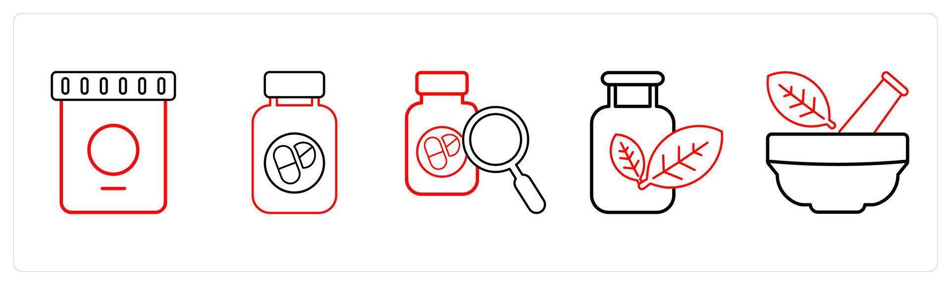A set of 5 medical icons as pharmaceutical drugs, medication, search for drug in red line color vector