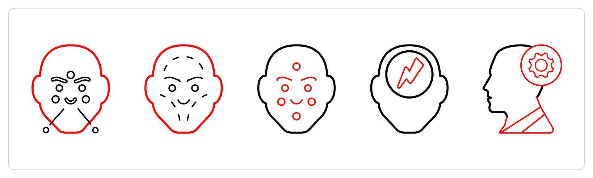 A set of 5 medical icons as immunology and allergy, facial plastic surgery, dermatology in red line color vector
