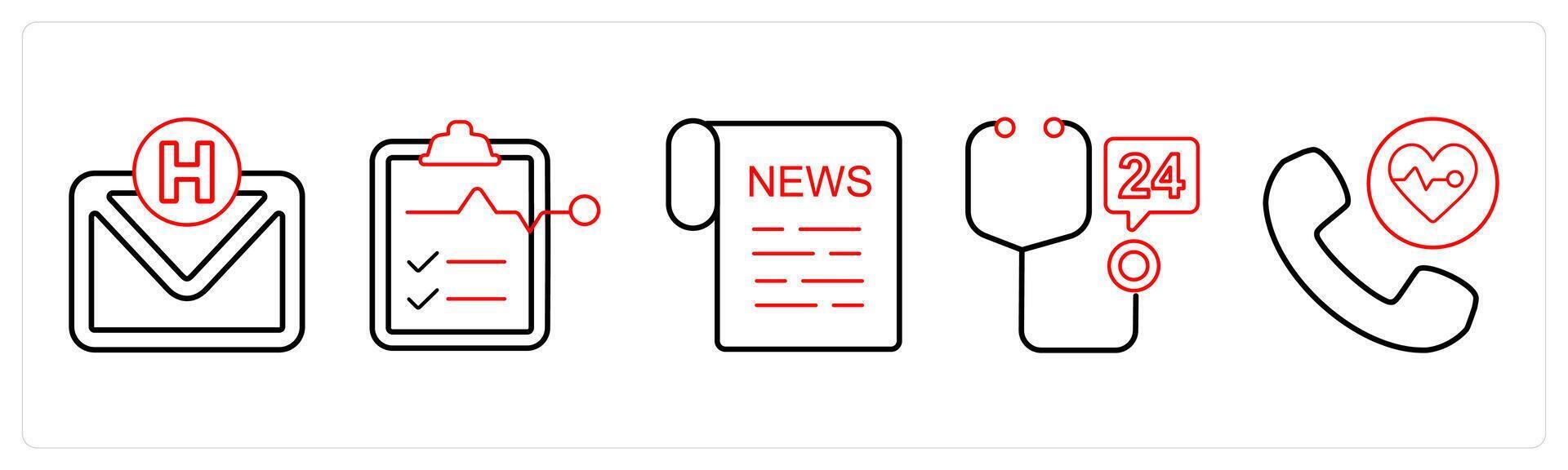 A set of 5 medical icons as medical mail, medical tests, medical news in red line color vector