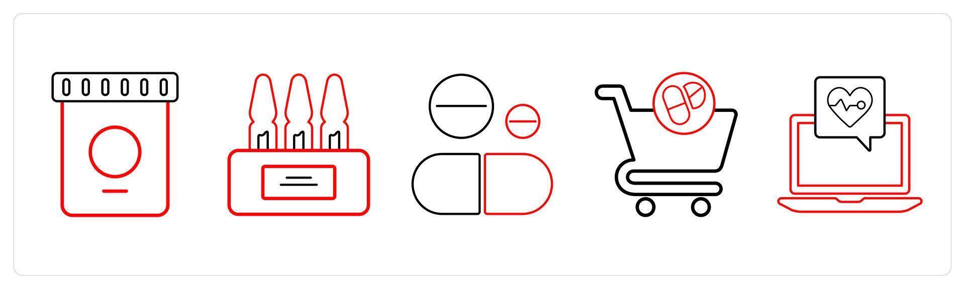 A set of 5 medical icons as pharmaceutical drugs, ampoule, pills in red line color vector
