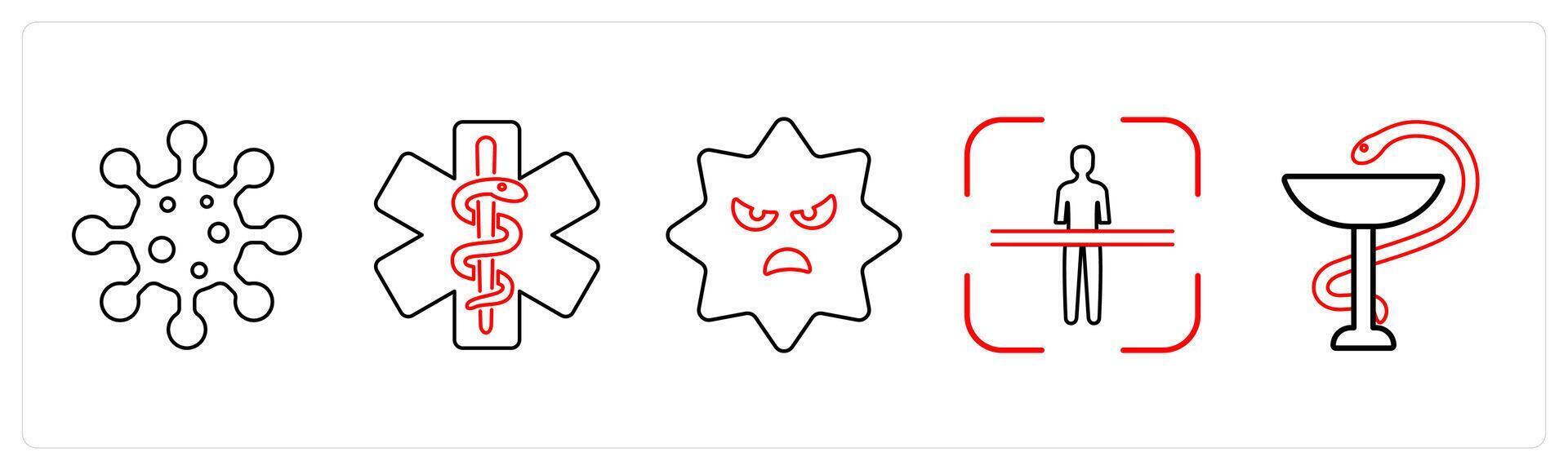 A set of 5 medical icons as infection, caduceus, virus in red line color vector
