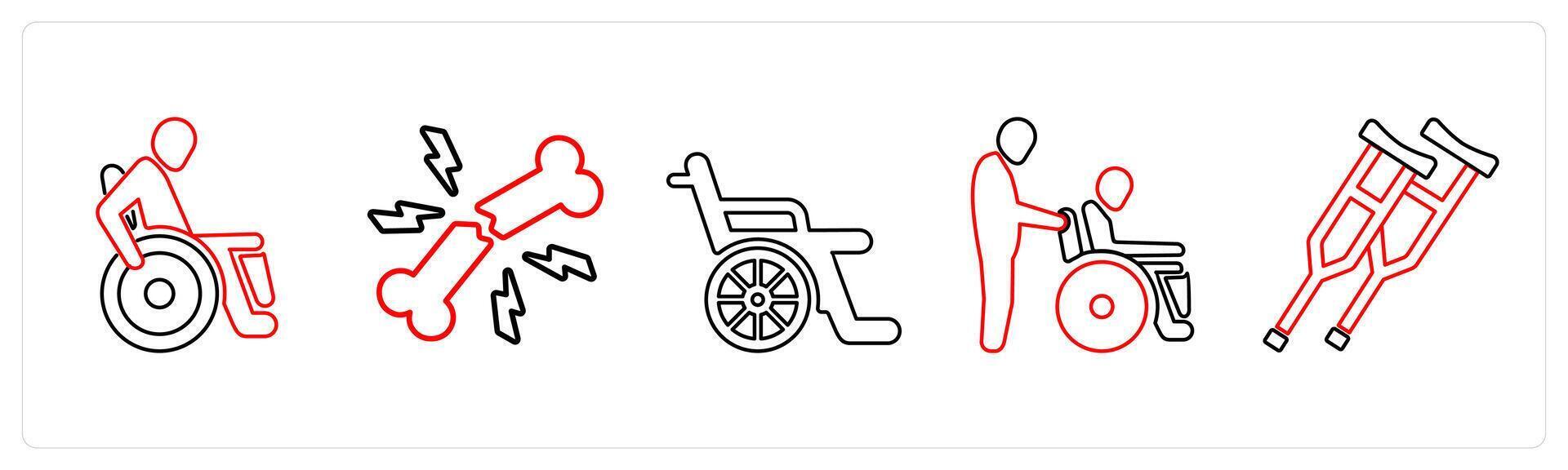 A set of 5 medical icons as disability, broken bone, wheel chair in red line color vector