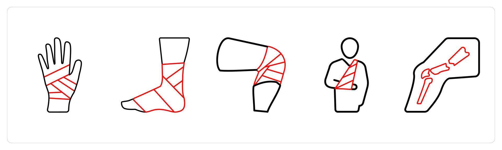 A set of 5 medical icons as hand fracture, leg fracture, knee fracture in red line color vector