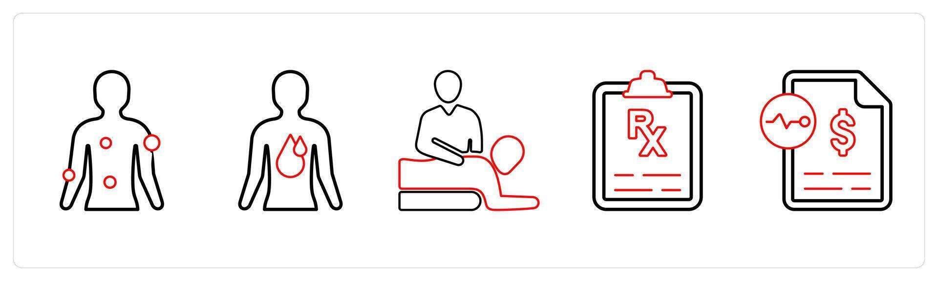 A set of 5 medical icons as symptom checker, internal bleeding, physical medicine in red line color vector