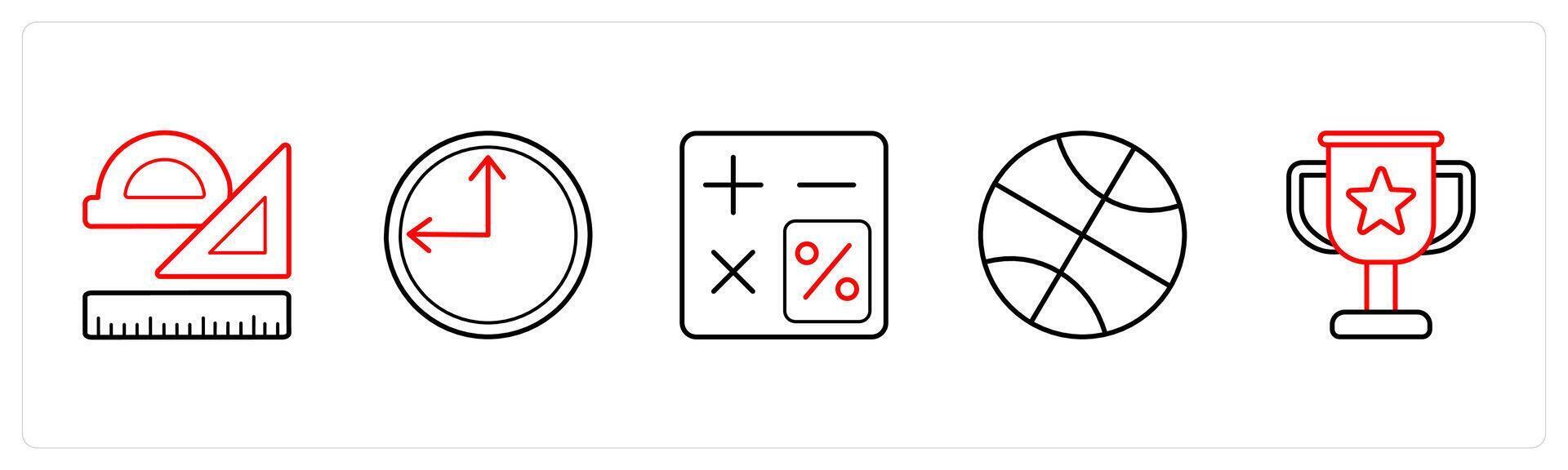 A set of 5 School icons as stationery, time, calculator in red line color vector