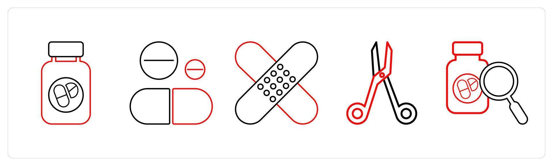 A set of 5 medical icons as online medical help, online health care, global medical service in red line color vector