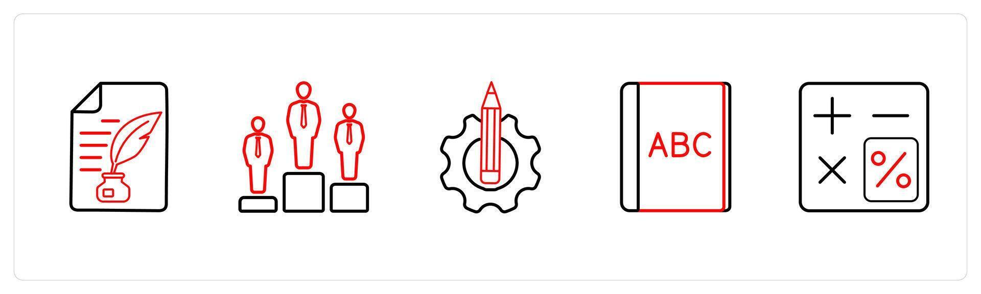 A set of 5 School icons as authorship, rank, write in red line color vector