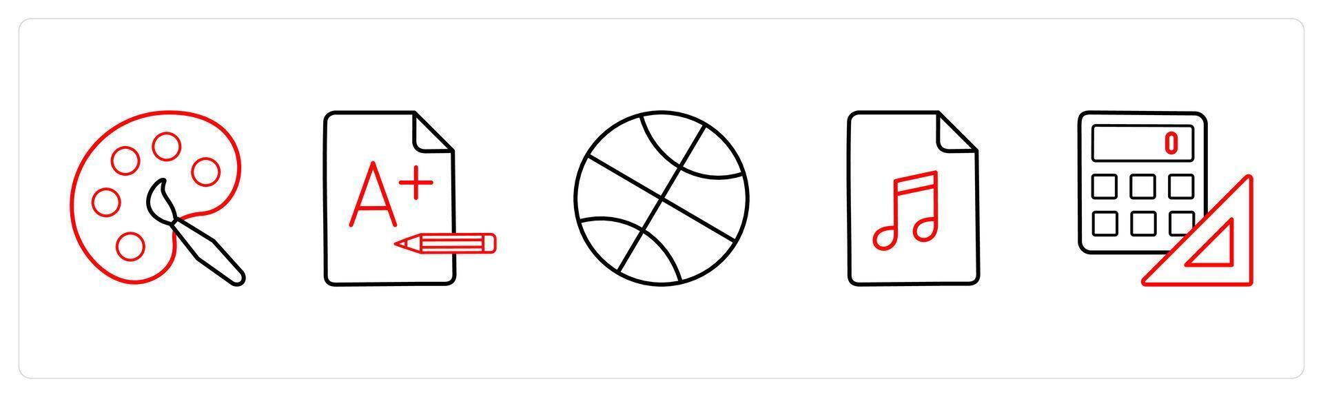 A set of 5 School icons as paint brush, result, football in red line color vector