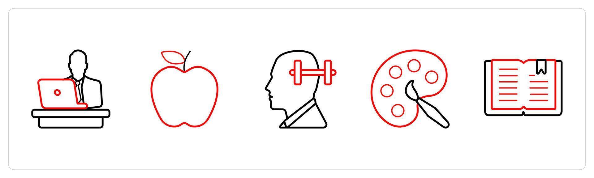 A set of 5 School icons as desk, apple, memory in red line color vector