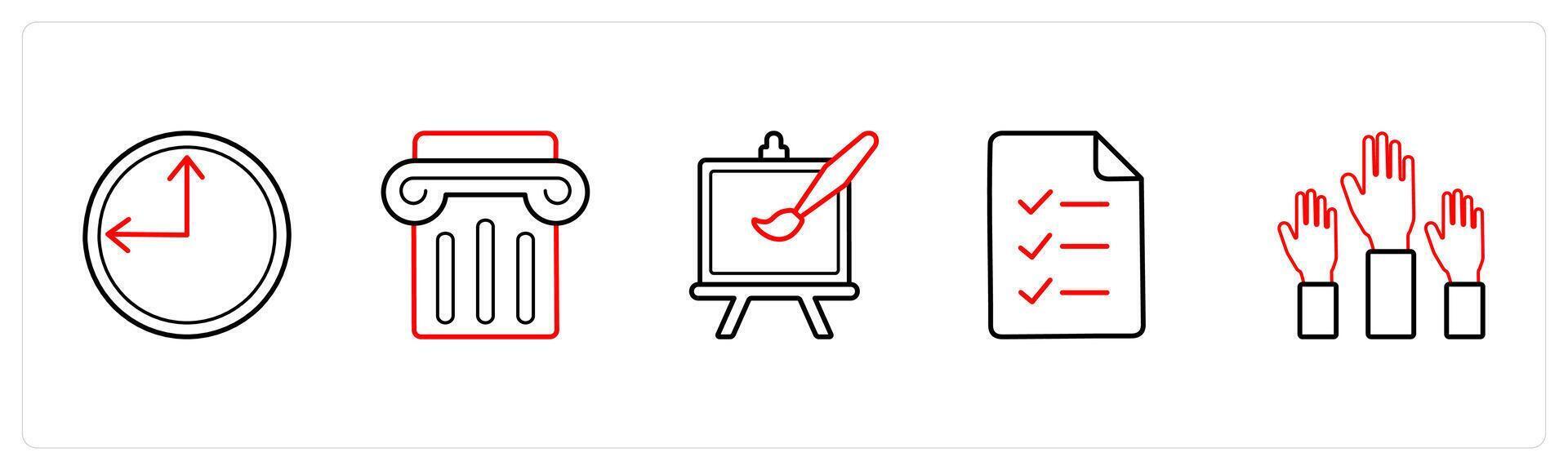 A set of 5 School icons as time, podium, drawing in red line color vector