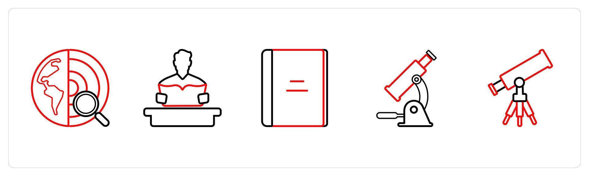 A set of 5 School icons as earth, study, book in red line color vector