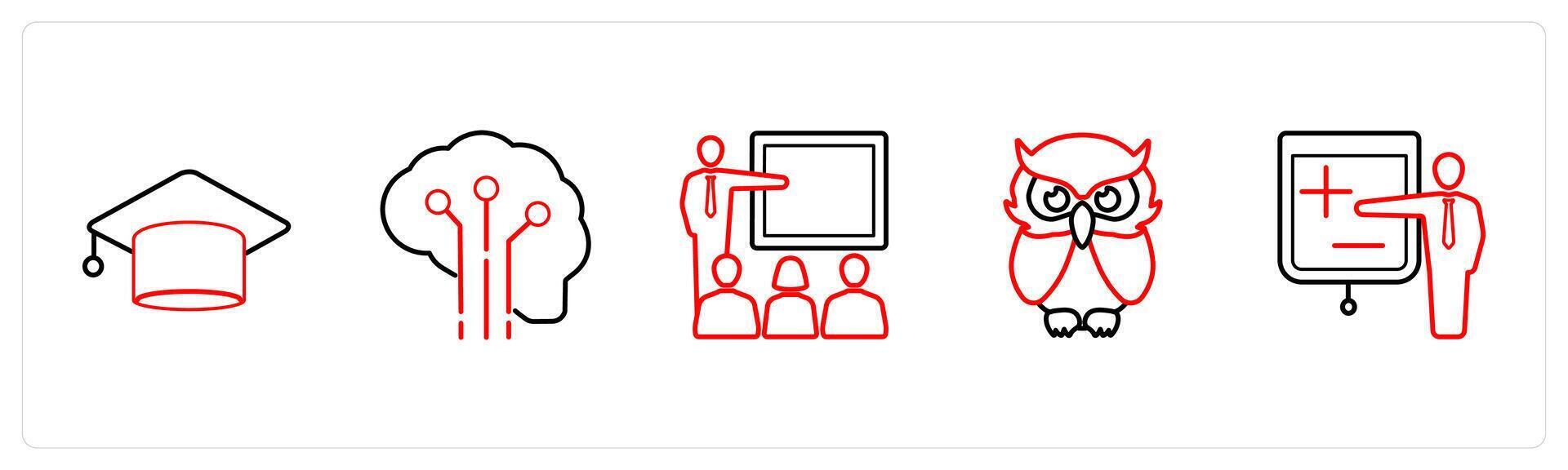 A set of 5 School icons as graduate, creative brain, class in red line color vector