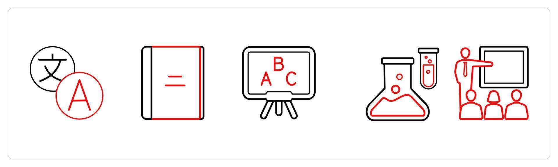 A set of 5 School icons as courses, book, class in red line color vector