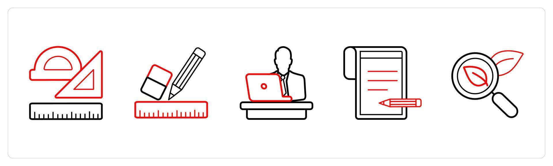 A set of 5 School icons as stationery, desk, write in red line color vector