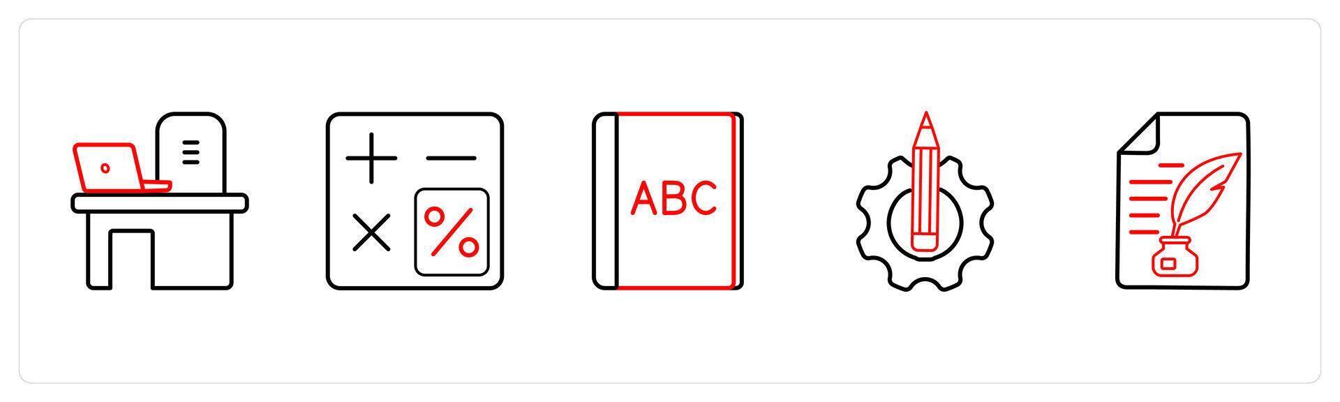A set of 5 School icons as desk, calculator, alphabet in red line color vector