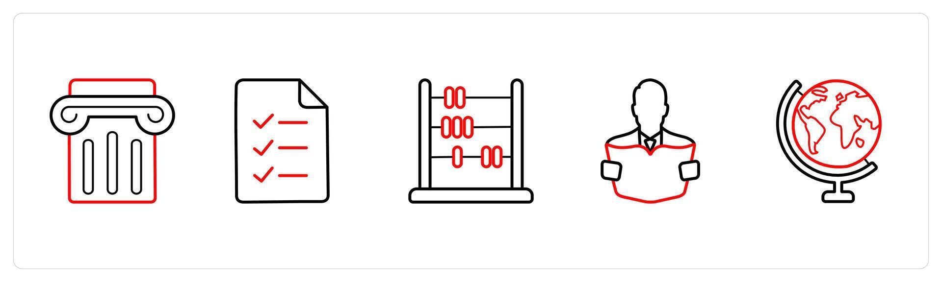 A set of 5 School icons as podium, examination, abacus in red line color vector