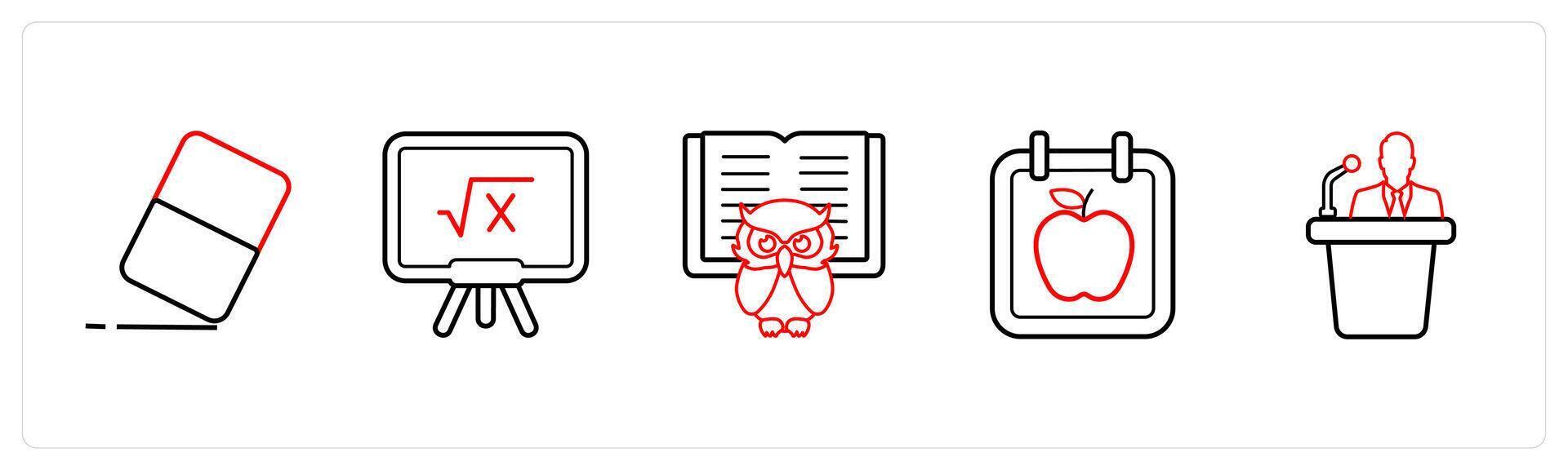 A set of 5 School icons as eraser, mathematics, smart class in red line color vector
