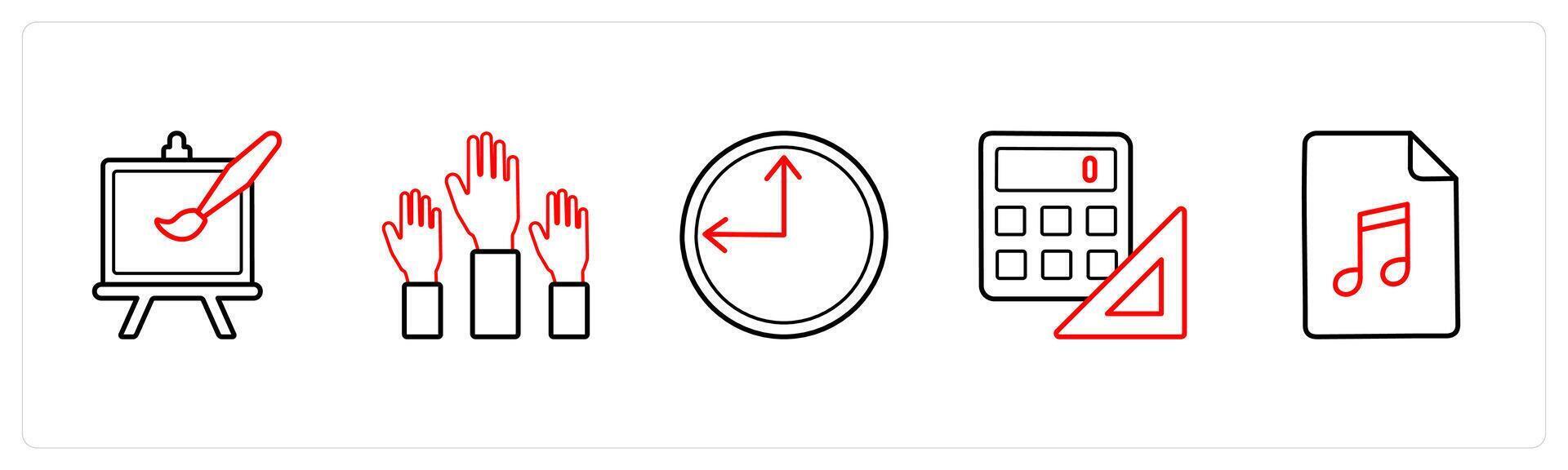 A set of 5 School icons as drawing, raise hand, time in red line color vector