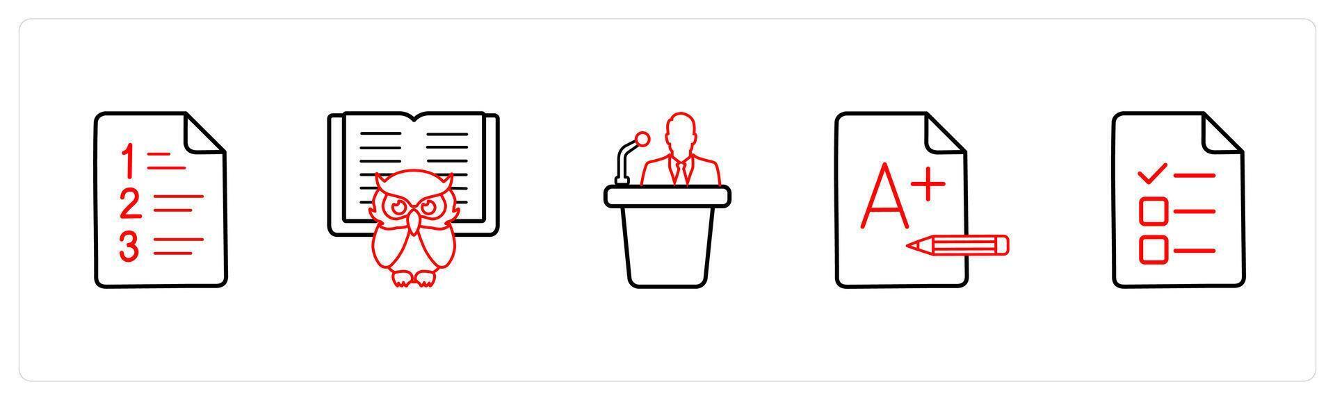 A set of 5 School icons as examination sheet, smart class in red line color vector