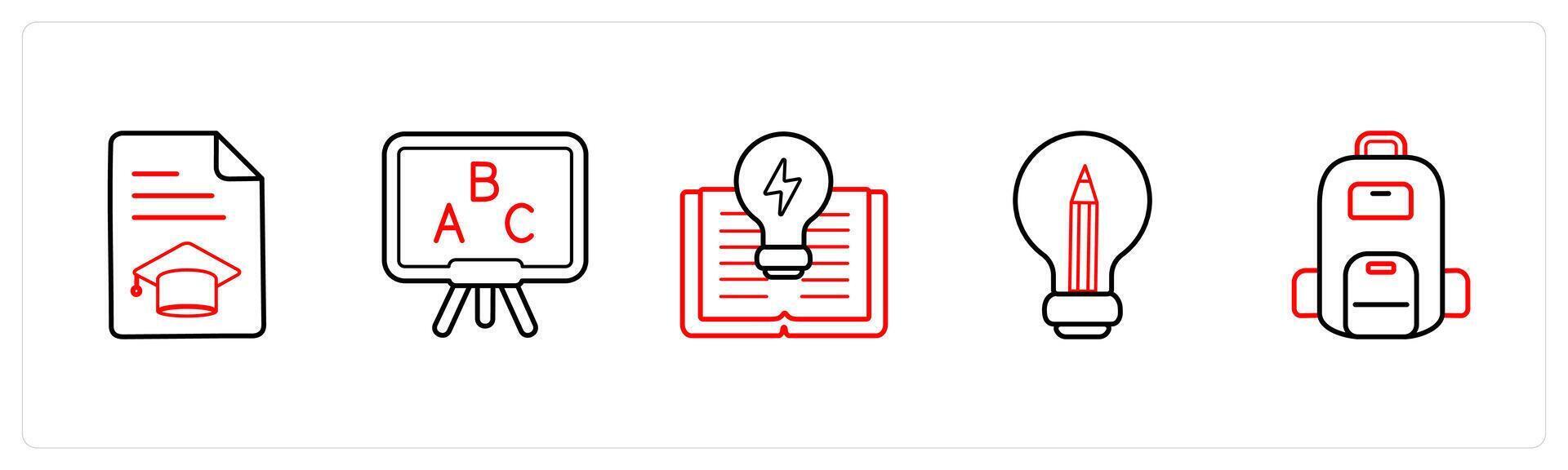 A set of 5 School icons as certificate, english class, creativity in red line color vector